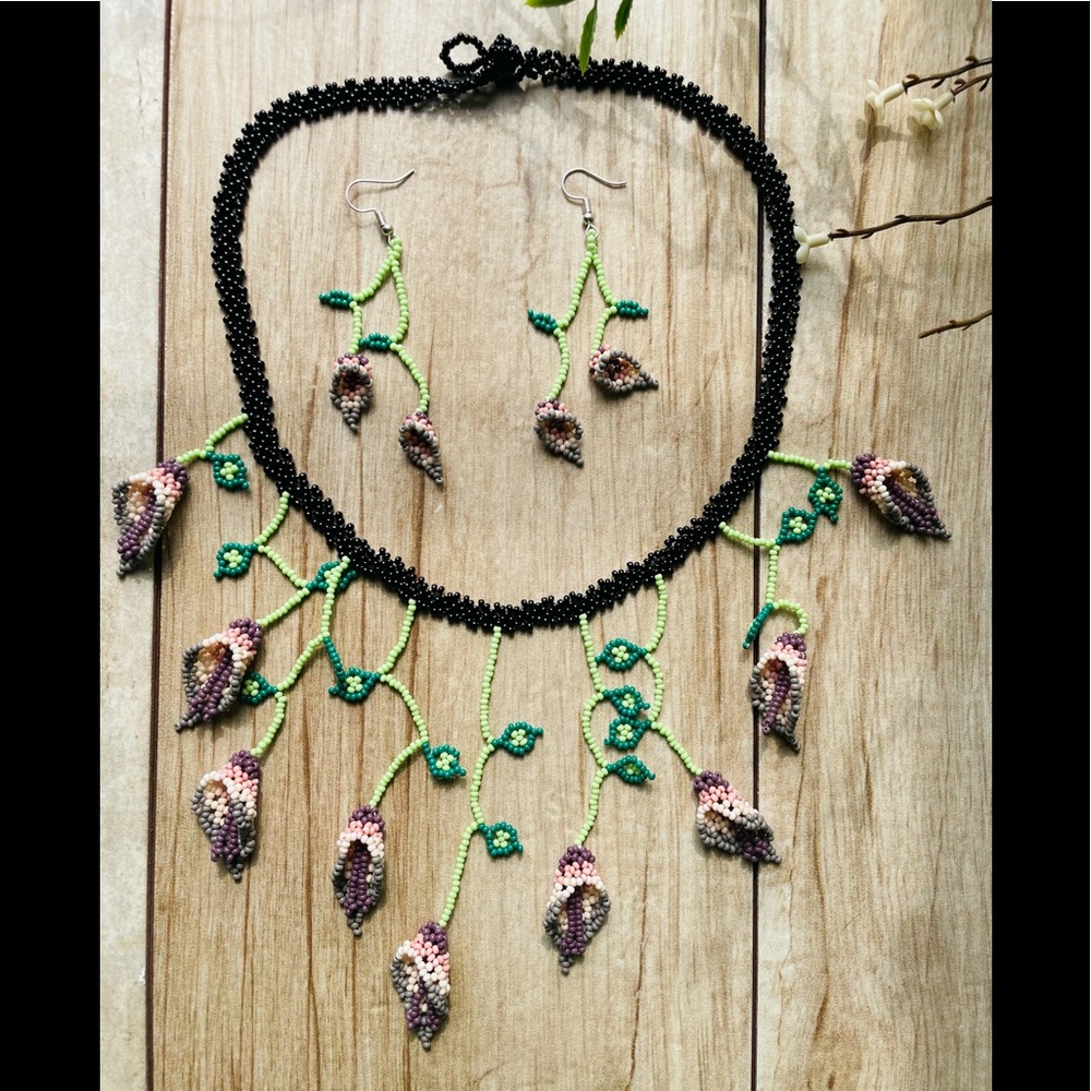 Native Cora Artisan Beaded Necklace/Earring Set
